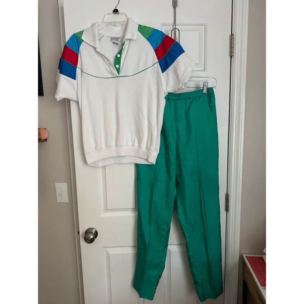 Vintage White Polo Top and Green Track Pants Set